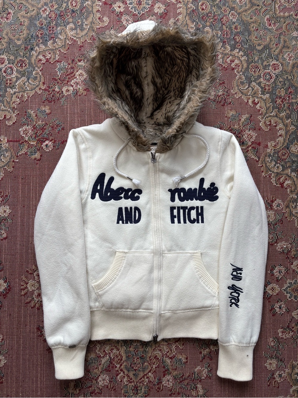 Y2K Abercrombie & Fitch Woman Cream Faux-Fur Hooded Jacket
